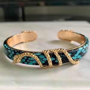 Gold and Blue Snake Printed Bangle Cuff Bracelet